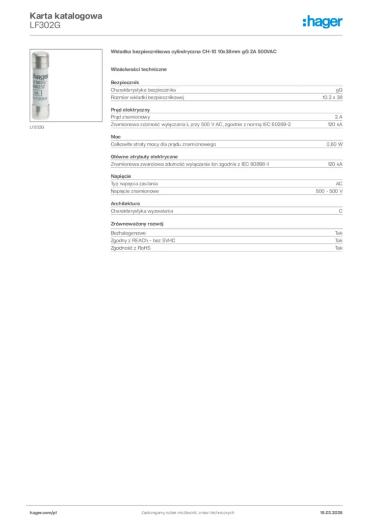 Zdjęcie Hager Karta katalogowa LF302G | Hager Polska