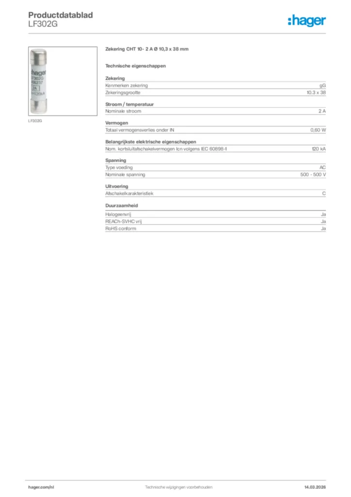 Afbeelding Hager Productdatablad LF302G | Hager Nederland