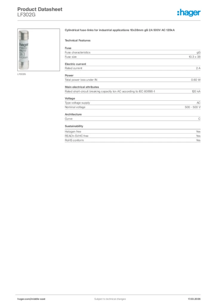Image Hager Product data sheet LF302G  | Hager