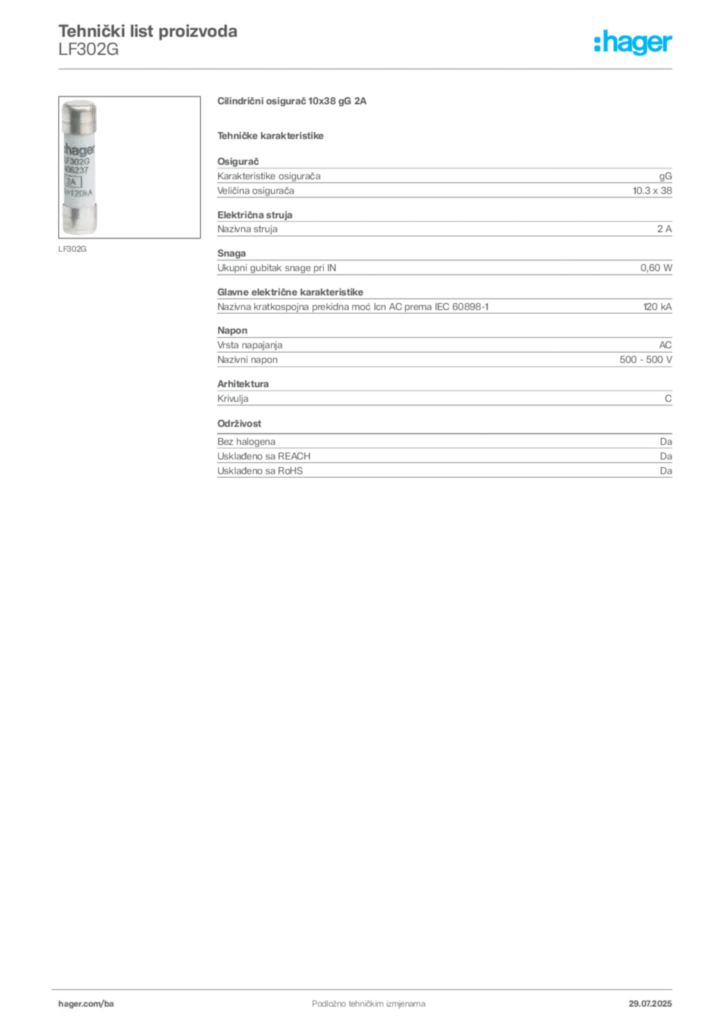Slika Hager Product data sheet LF302G  | Hager