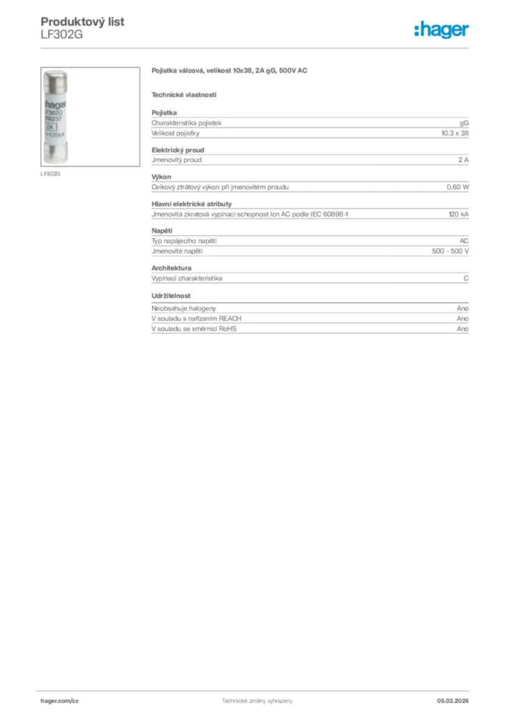 Obrázek Hager Product data sheet LF302G | Hager