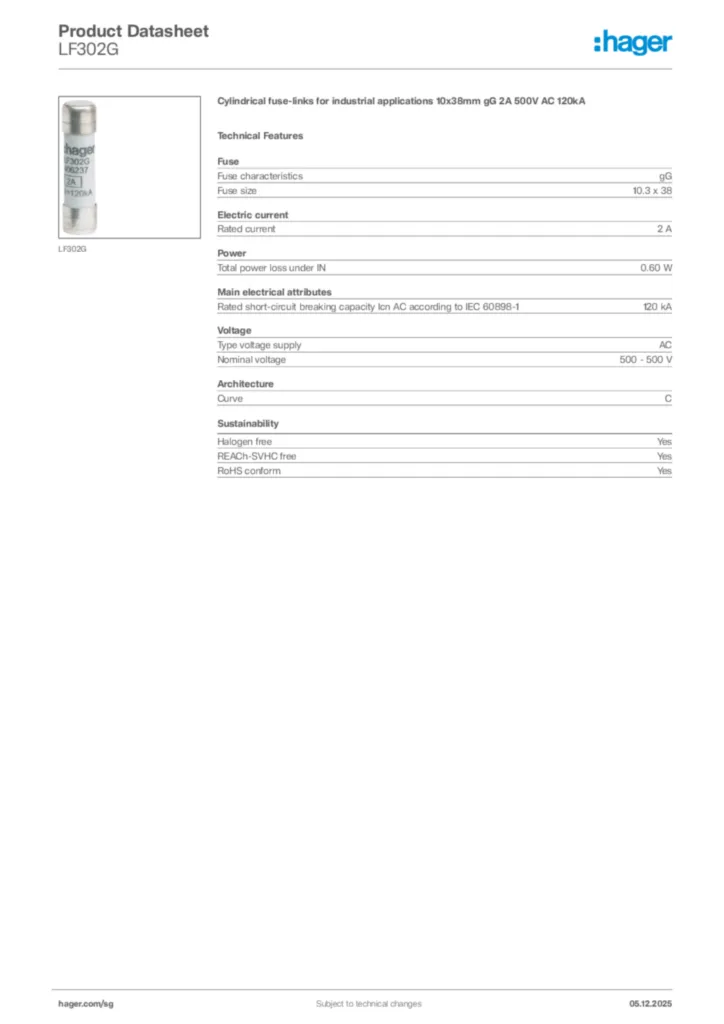 Image Hager Product data sheet LF302G  | Hager