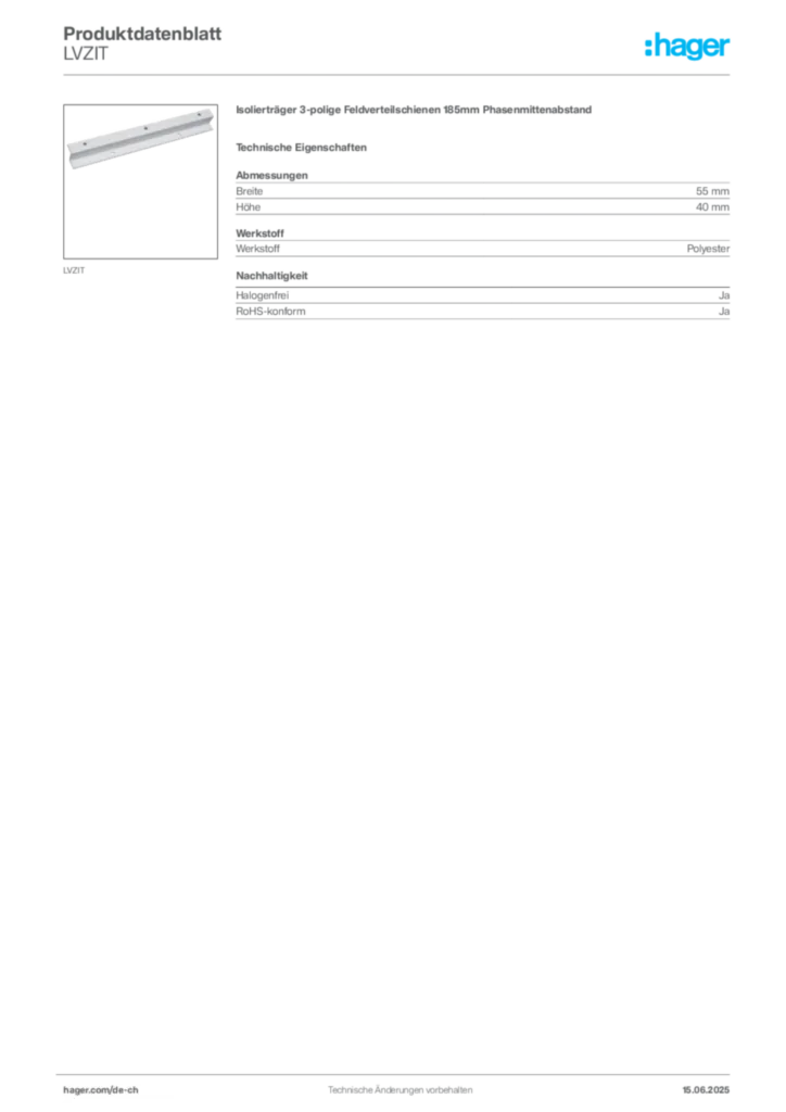 Bild Hager Produktdatenblatt LVZIT | Hager Schweiz