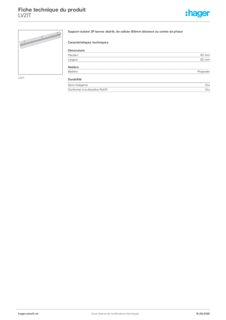 Image Hager Fiche technique du produit LVZIT | Hager Suisse