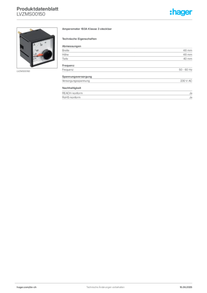 Bild Hager Produktdatenblatt LVZMS00150 | Hager Schweiz