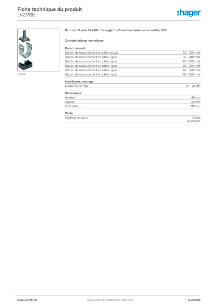 Image Hager Fiche technique du produit LVZVSE | Hager Suisse