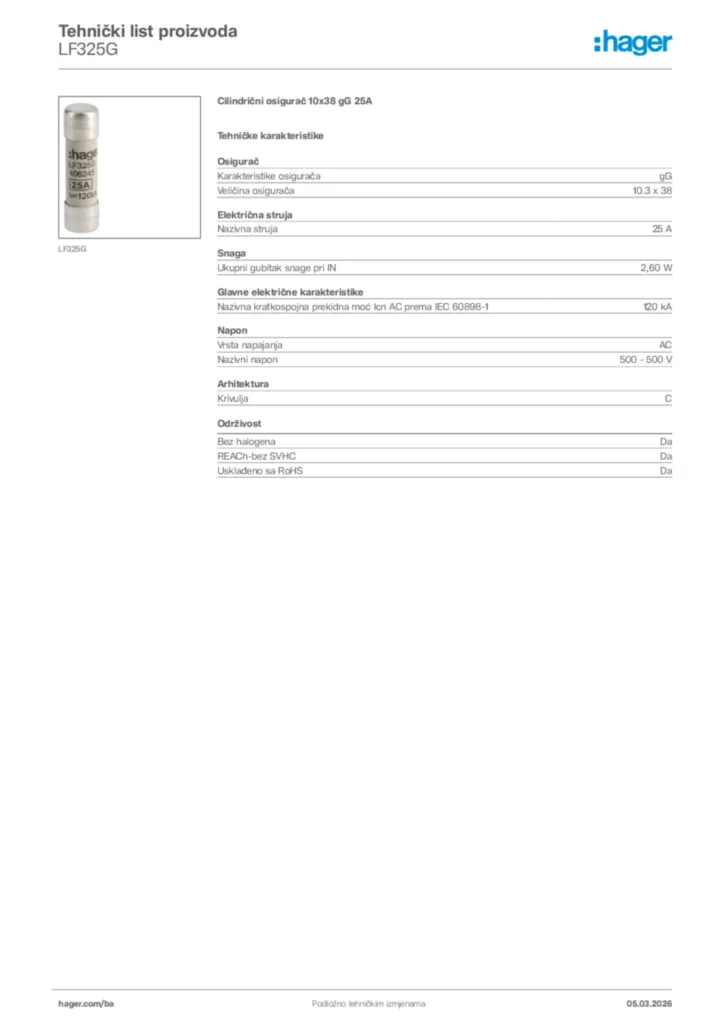 Slika Hager Tehnički list proizvoda LF325G  | Hager
