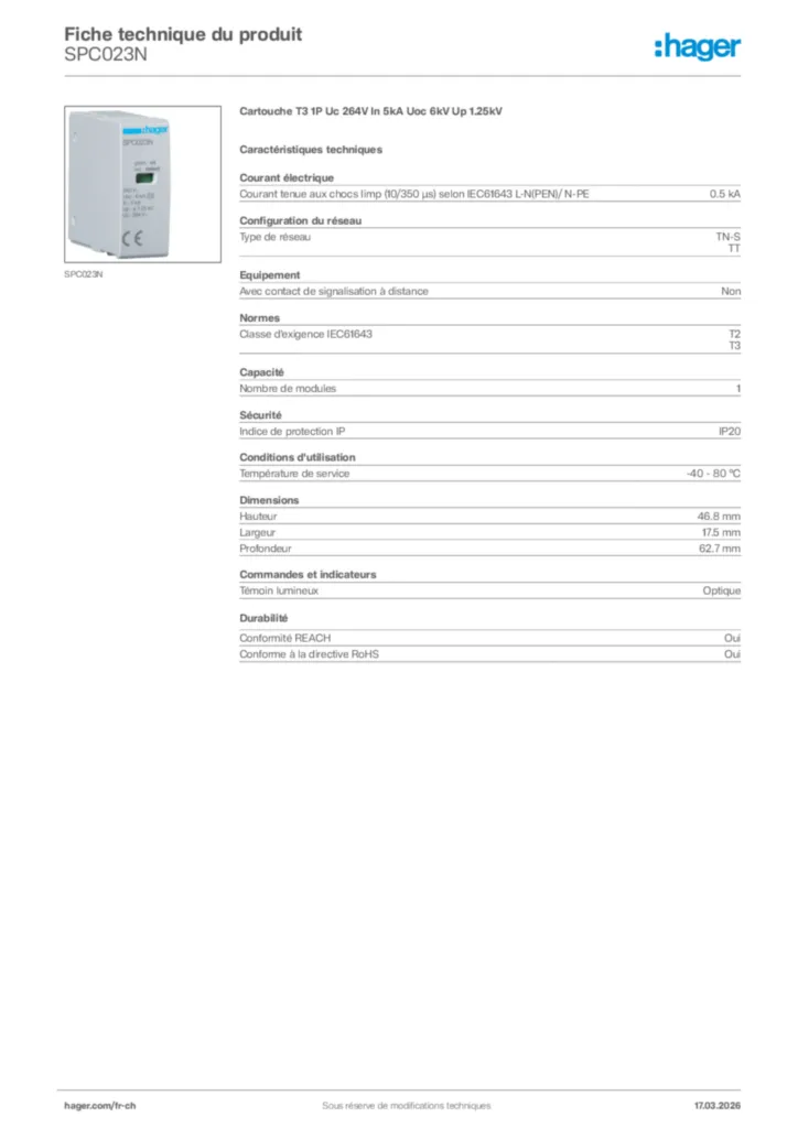 Image Hager Fiche technique du produit SPC023N | Hager Suisse