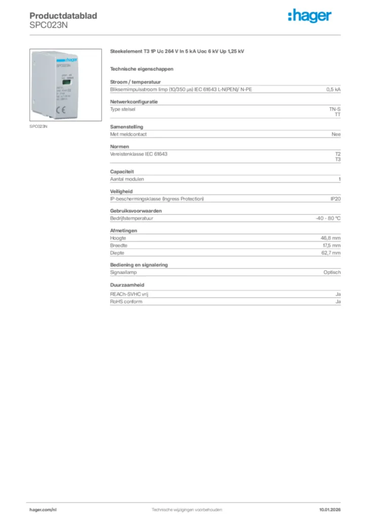Afbeelding Hager Productdatablad SPC023N | Hager Nederland