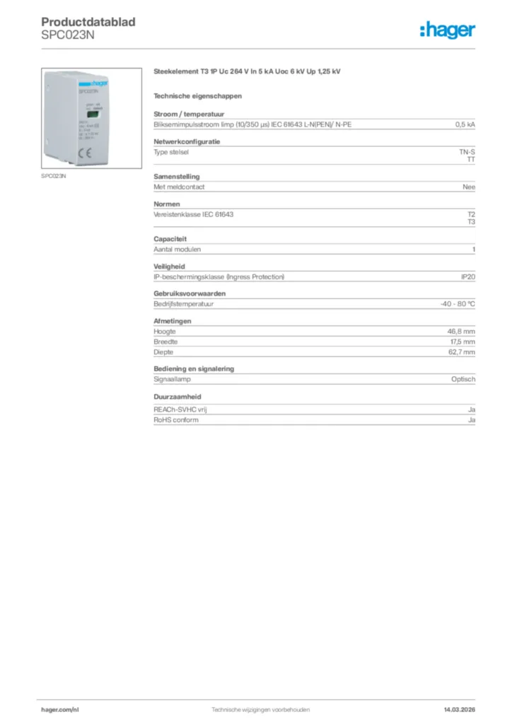 Afbeelding Hager Productdatablad SPC023N | Hager Nederland