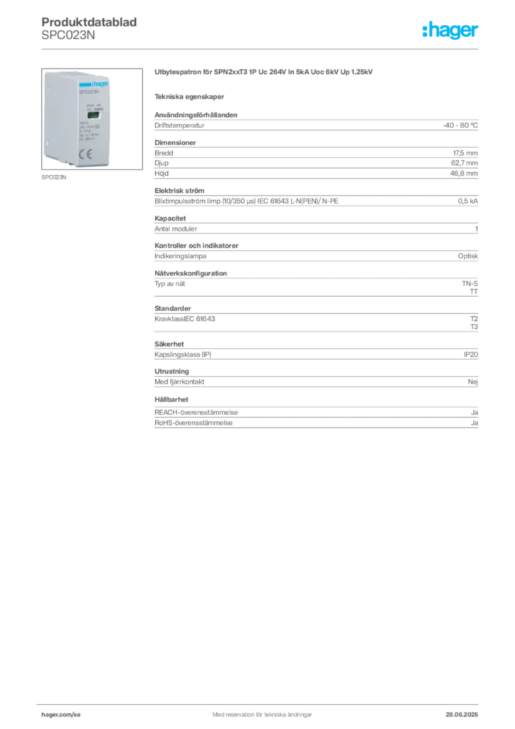 Bild Hager Produktdatablad SPC023N | Hager Sverige