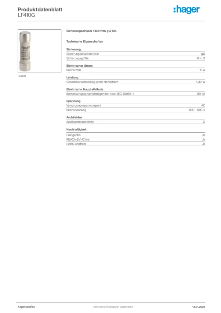 Bild Hager Produktdatenblatt LF410G | Hager Deutschland