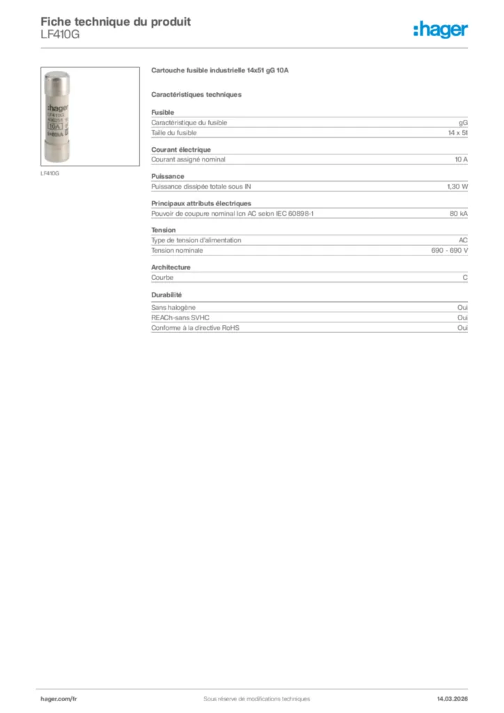 Image Hager Fiche technique du produit LF410G | Hager France