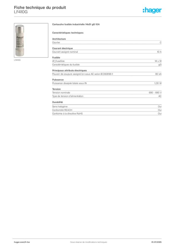 Image Hager Fiche technique du produit LF410G | Hager Belgique