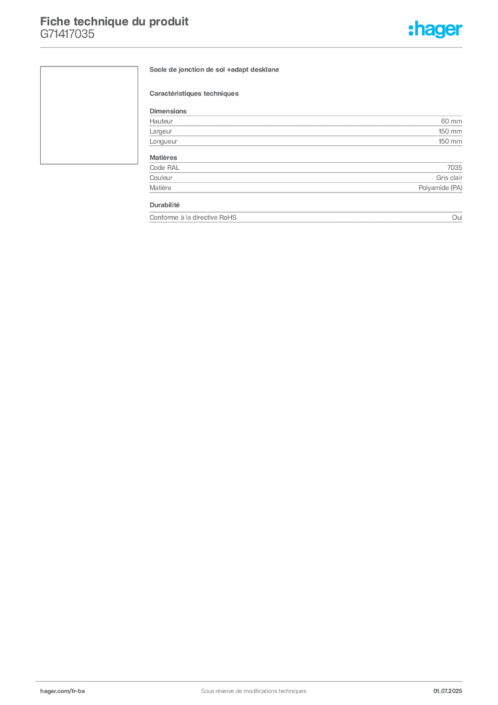 Image Hager Fiche technique du produit G71417035 | Hager Belgique