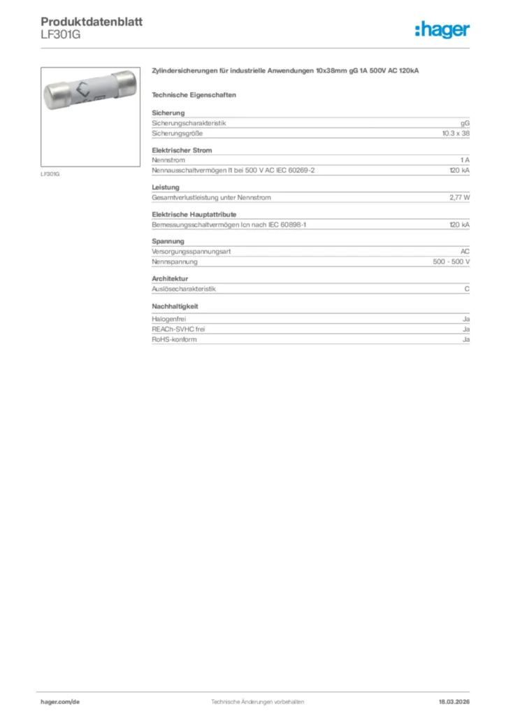 Bild Hager Produktdatenblatt LF301G | Hager Deutschland