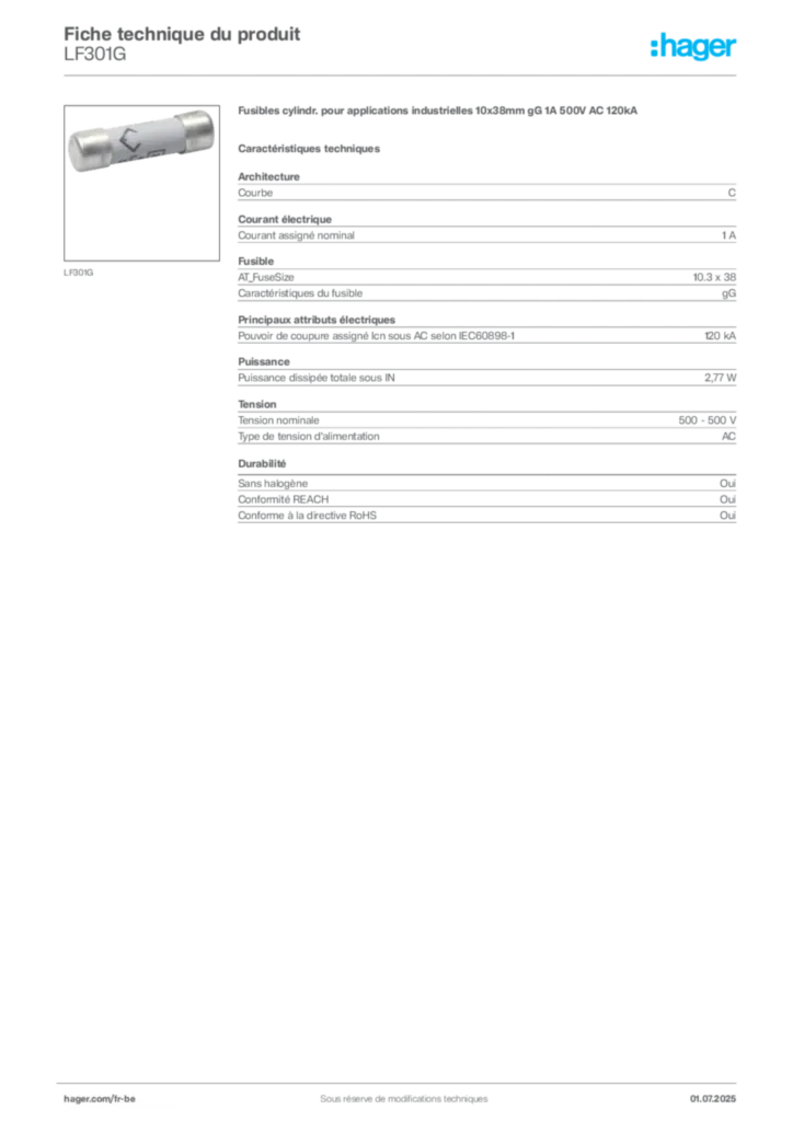Image Hager Fiche technique du produit LF301G | Hager Belgique