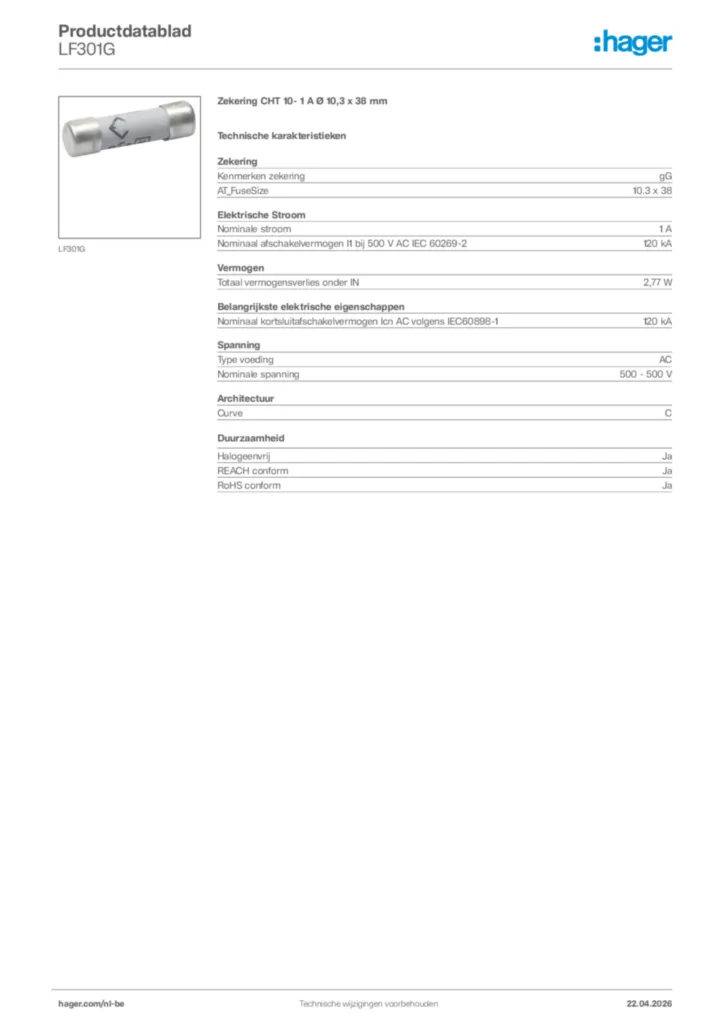 Afbeelding Hager Productdatablad LF301G | Hager Belgium