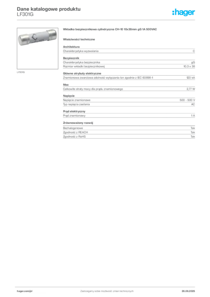 Zdjęcie Hager Dane katalogowe produktu LF301G | Hager Polska