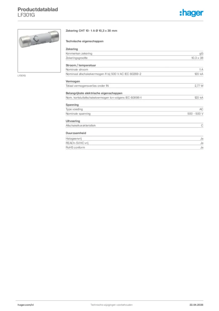 Afbeelding Hager Productdatablad LF301G | Hager Nederland
