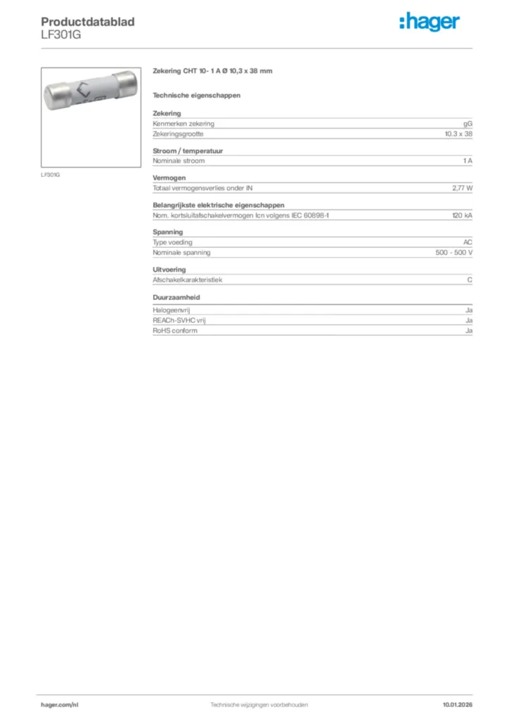 Afbeelding Hager Productdatablad LF301G | Hager Nederland