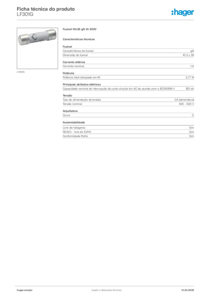 Imagem Hager Ficha técnica do produto LF301G | Hager Portugal