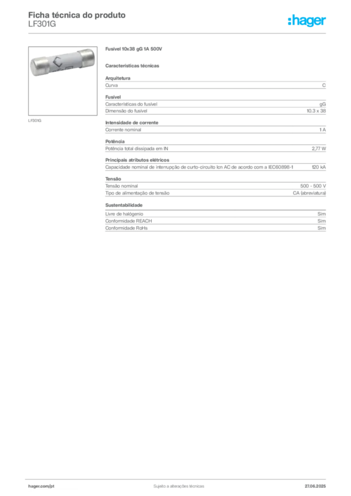 Imagem Hager Ficha técnica do produto LF301G | Hager Portugal