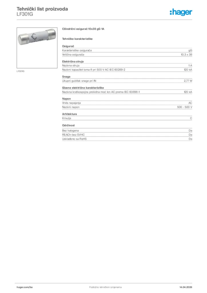 Slika Hager Tehnički list proizvoda LF301G  | Hager