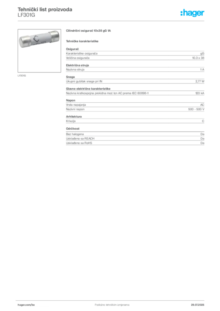 Slika Hager Product data sheet LF301G  | Hager