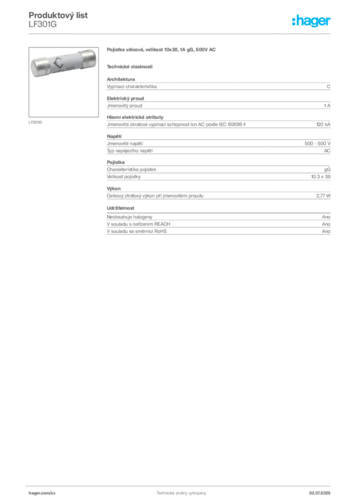Obrázek Hager Produktový list LF301G | Hager