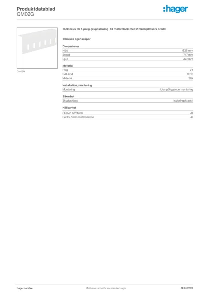 Bild Hager Produktdatablad QM02G | Hager Sverige