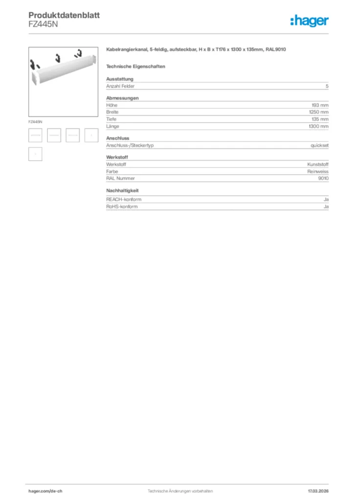Bild Hager Produktdatenblatt FZ445N | Hager Schweiz