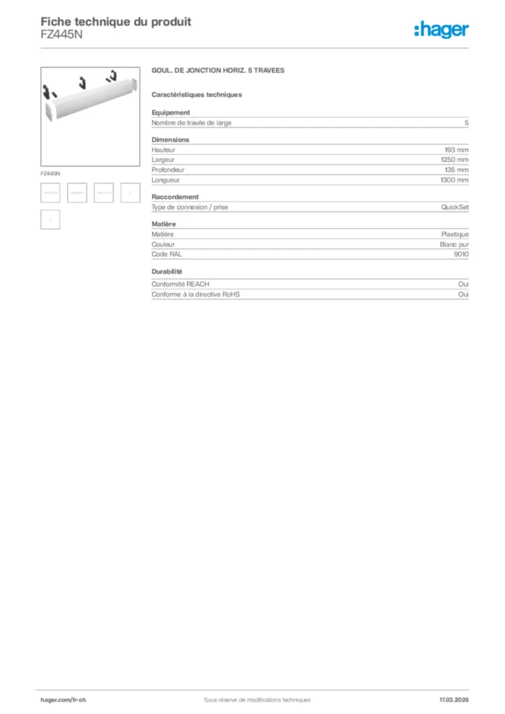 Image Hager Fiche technique du produit FZ445N | Hager Suisse