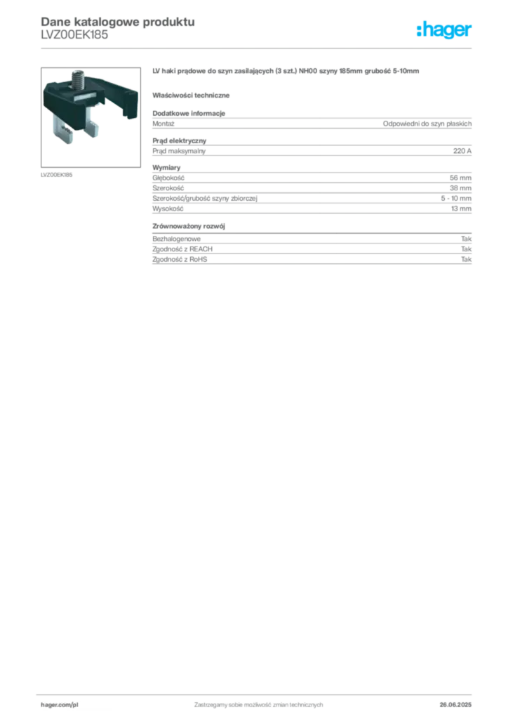 Zdjęcie Hager Dane katalogowe produktu LVZ00EK185 | Hager Polska