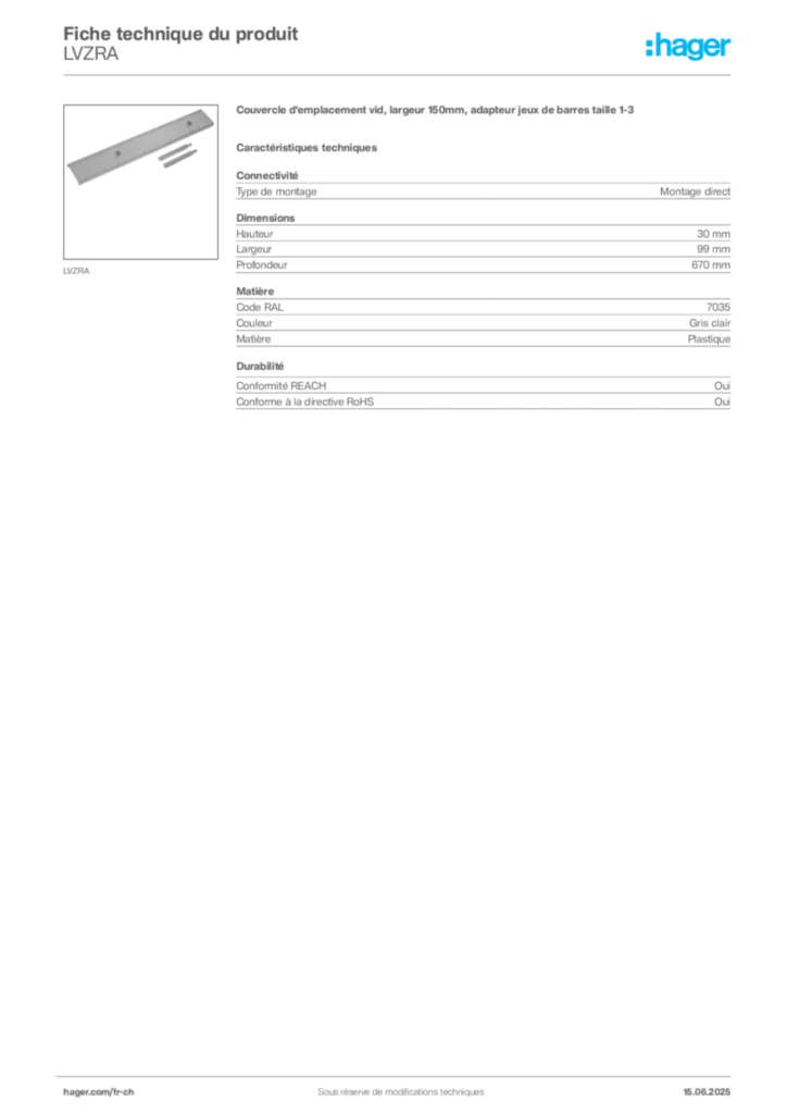 Image Hager Fiche technique du produit LVZRA | Hager Suisse