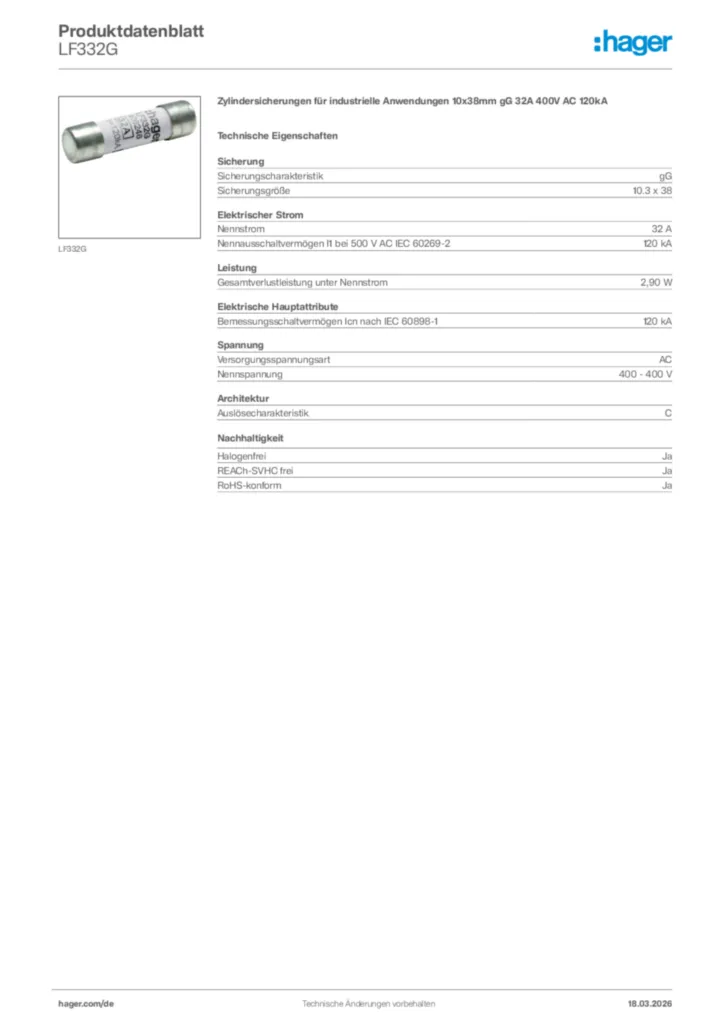 Bild Hager Produktdatenblatt LF332G | Hager Deutschland