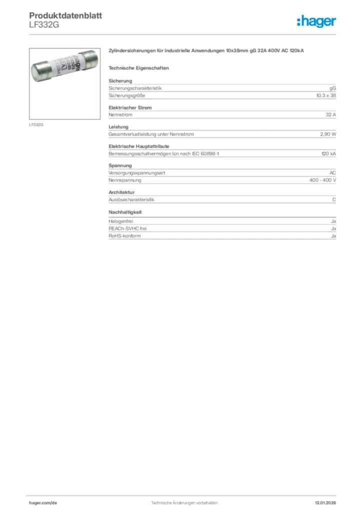 Bild Hager Produktdatenblatt LF332G | Hager Deutschland