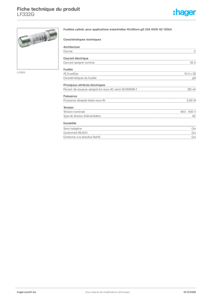 Image Hager Fiche technique du produit LF332G | Hager Belgique