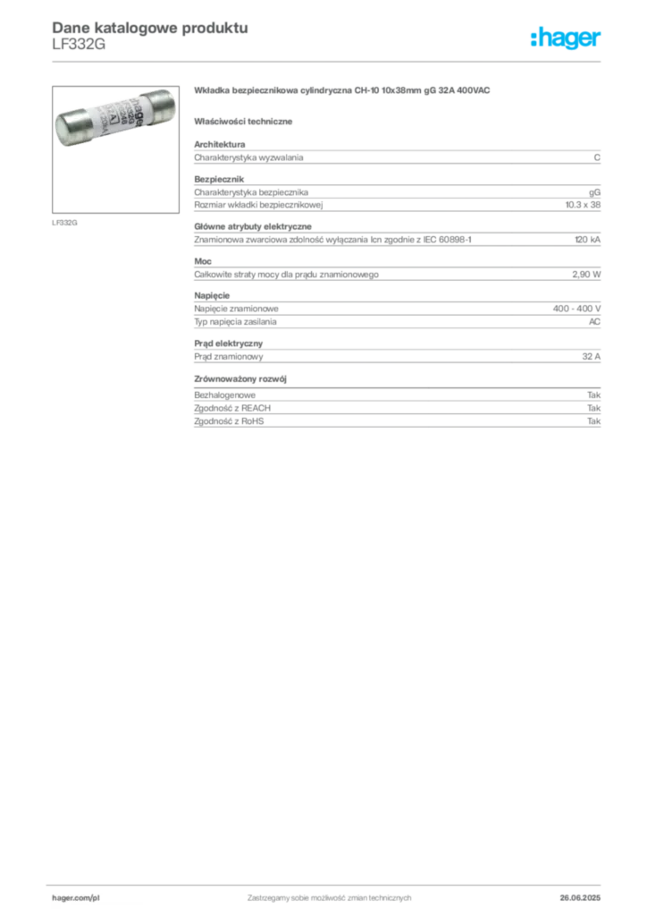 Zdjęcie Hager Dane katalogowe produktu LF332G | Hager Polska