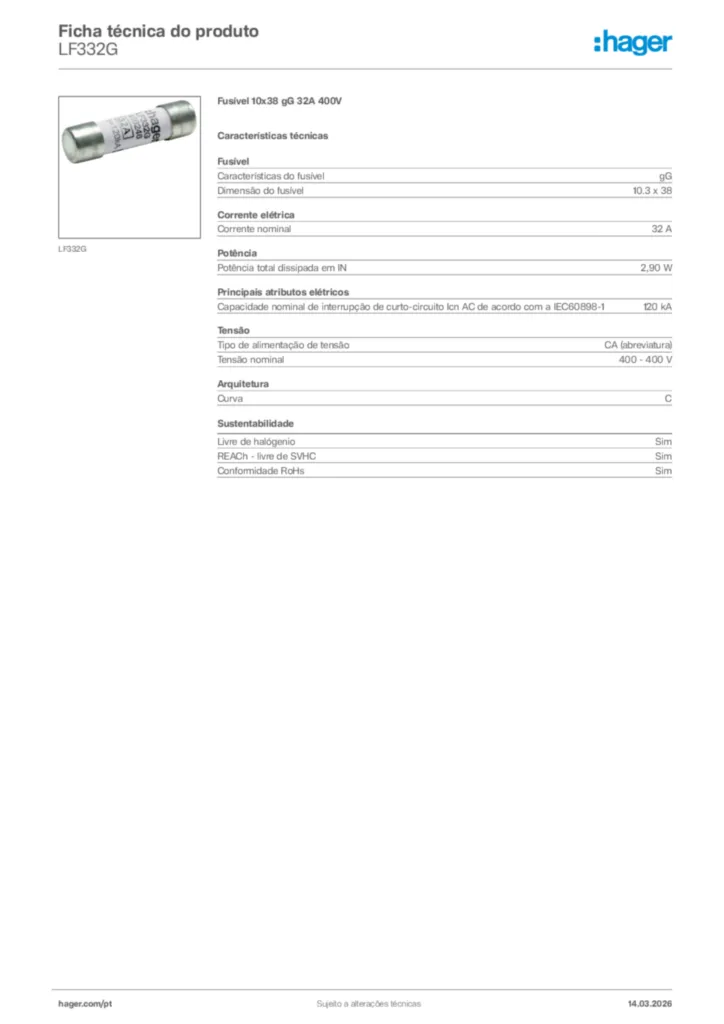 Imagem Hager Ficha técnica do produto LF332G | Hager Portugal