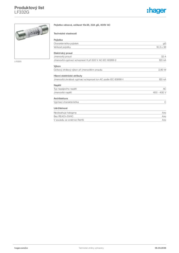 Obrázek Hager Product data sheet LF332G | Hager