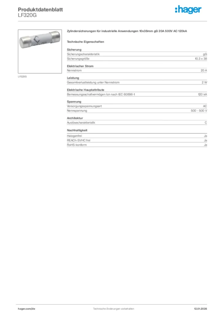 Bild Hager Produktdatenblatt LF320G | Hager Deutschland