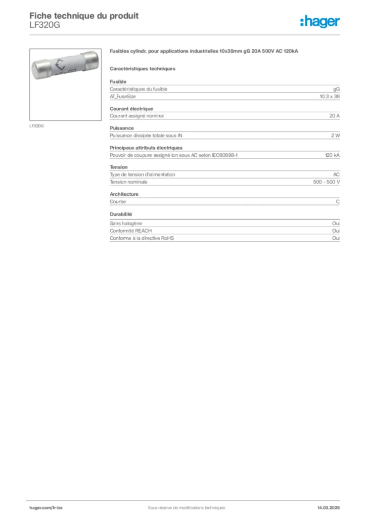 Image Hager Fiche technique du produit LF320G | Hager Belgique