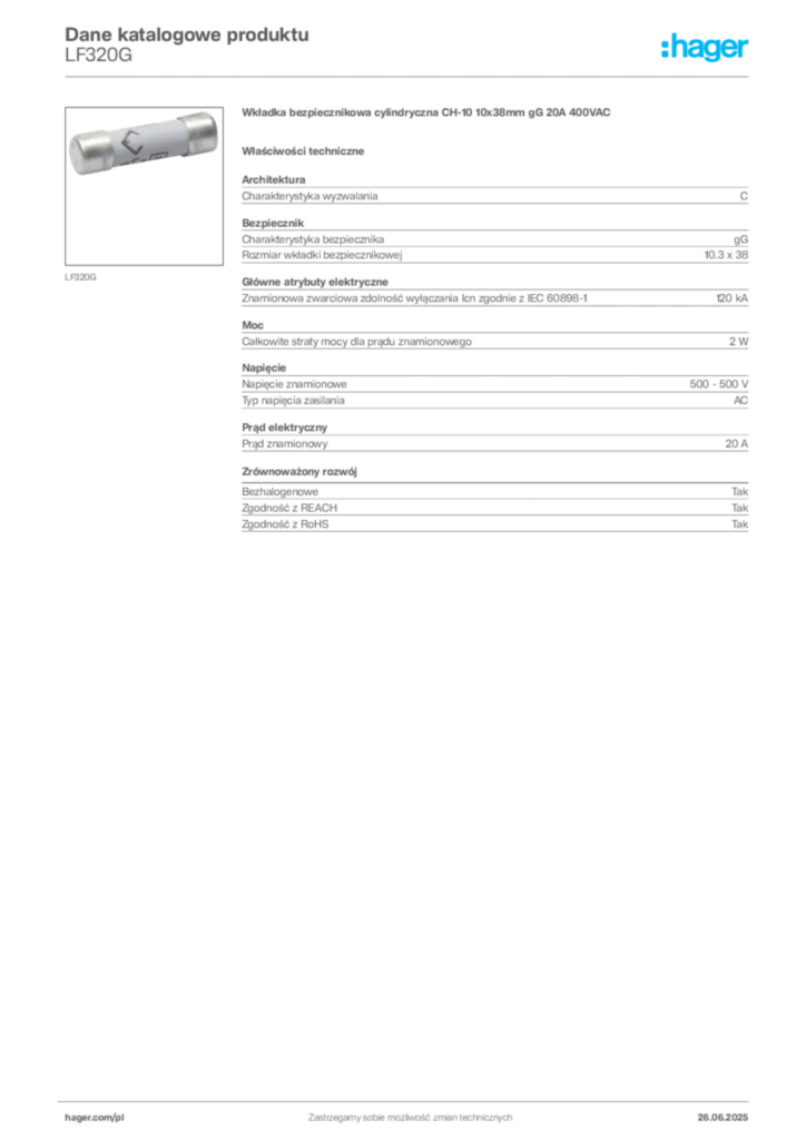 Zdjęcie Hager Dane katalogowe produktu LF320G | Hager Polska