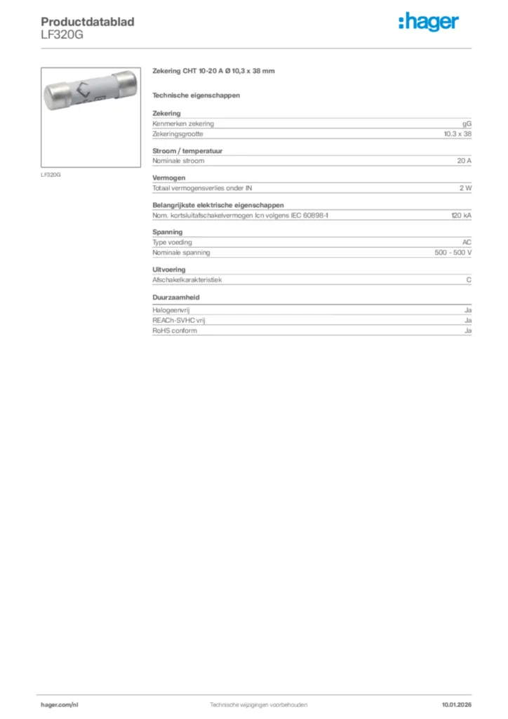 Afbeelding Hager Productdatablad LF320G | Hager Nederland