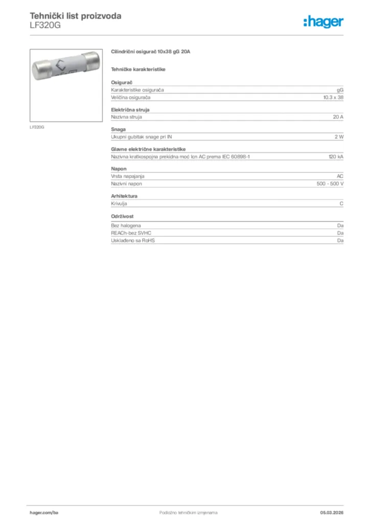 Slika Hager Tehnički list proizvoda LF320G  | Hager