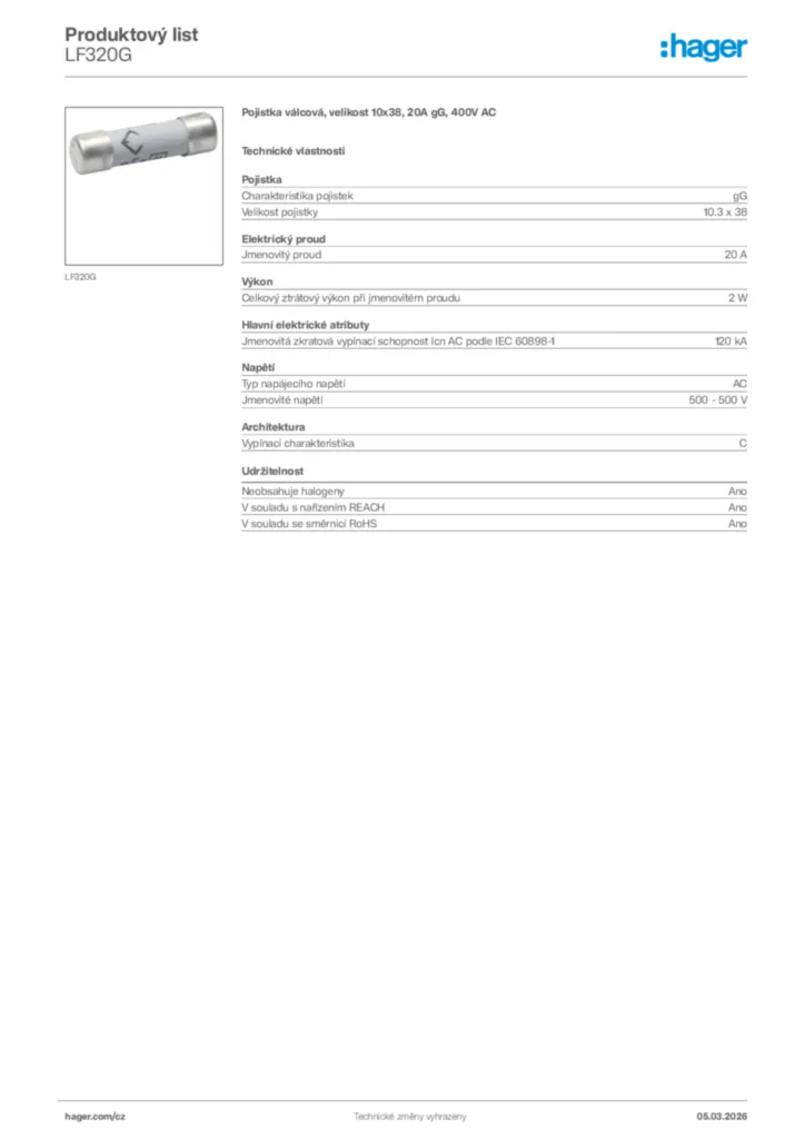 Obrázek Hager Product data sheet LF320G | Hager