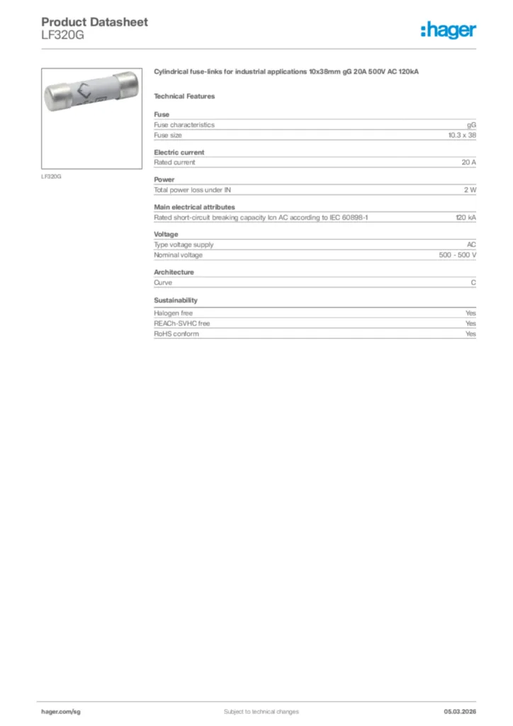 Image Hager Product data sheet LF320G  | Hager