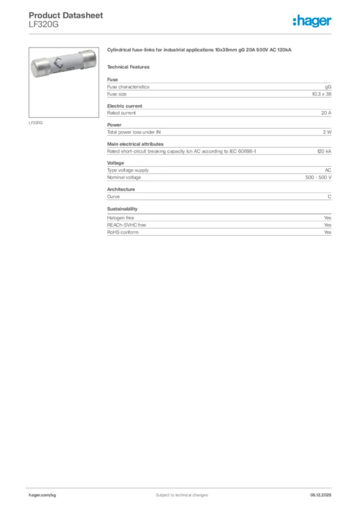 Image Hager Product data sheet LF320G  | Hager
