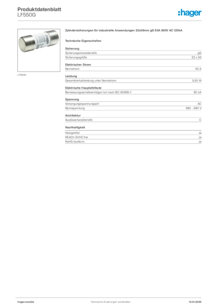 Bild Hager Produktdatenblatt LF550G | Hager Deutschland